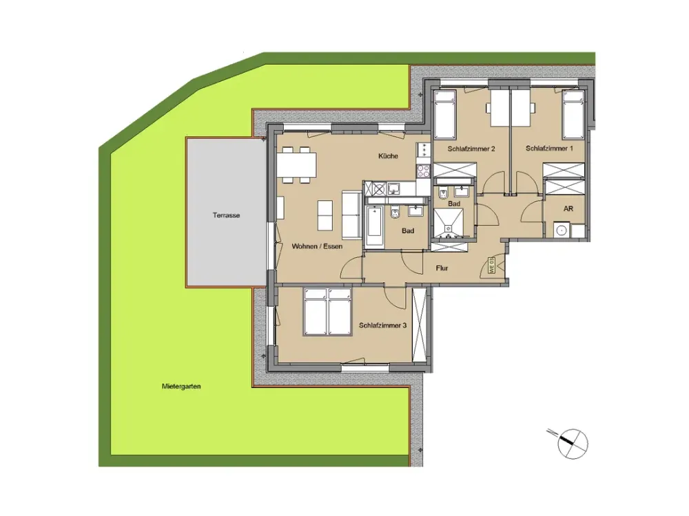 Family-friendly 4-room apartment with guest shower bath and bathtub, tenant garden and open living-dining area