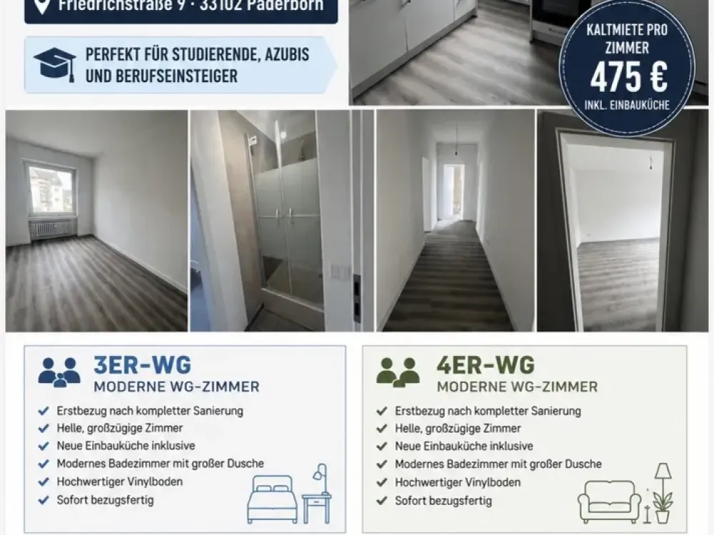 First Occupancy After Renovation | Modern Shared Apartment Room | New Fitted Kitchen | Central Location Paderborn
