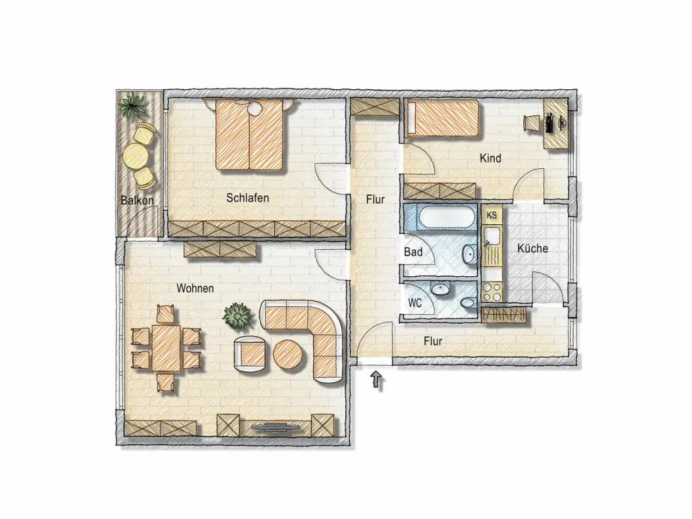 Attractive! 3-Room Apartment with Built-in Kitchen in a Good Residential Area