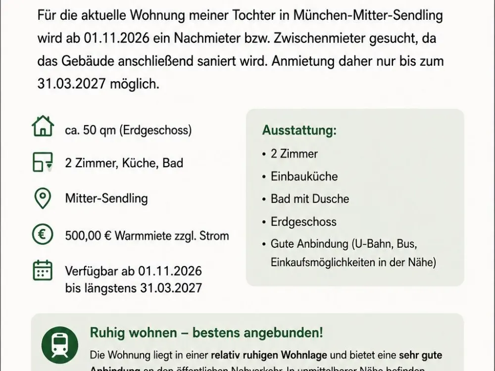 2 Zimmer Wohnung befristet zwischenmiete