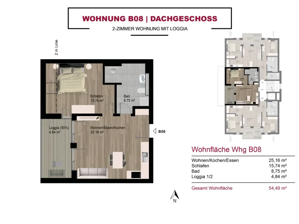 Wohnung B08 | Moderne 2-Zimmer-Dachgeschosswohnung mit Loggia