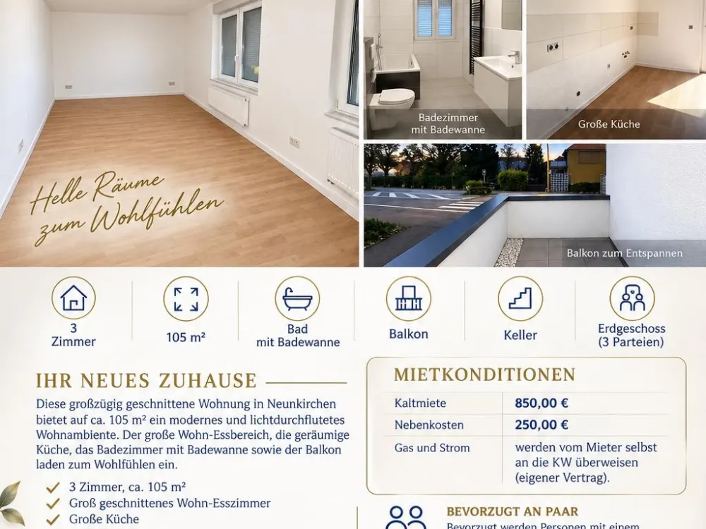 Drei Zimmerwohnung mit Balkon zu vermieten in Neunkirchen