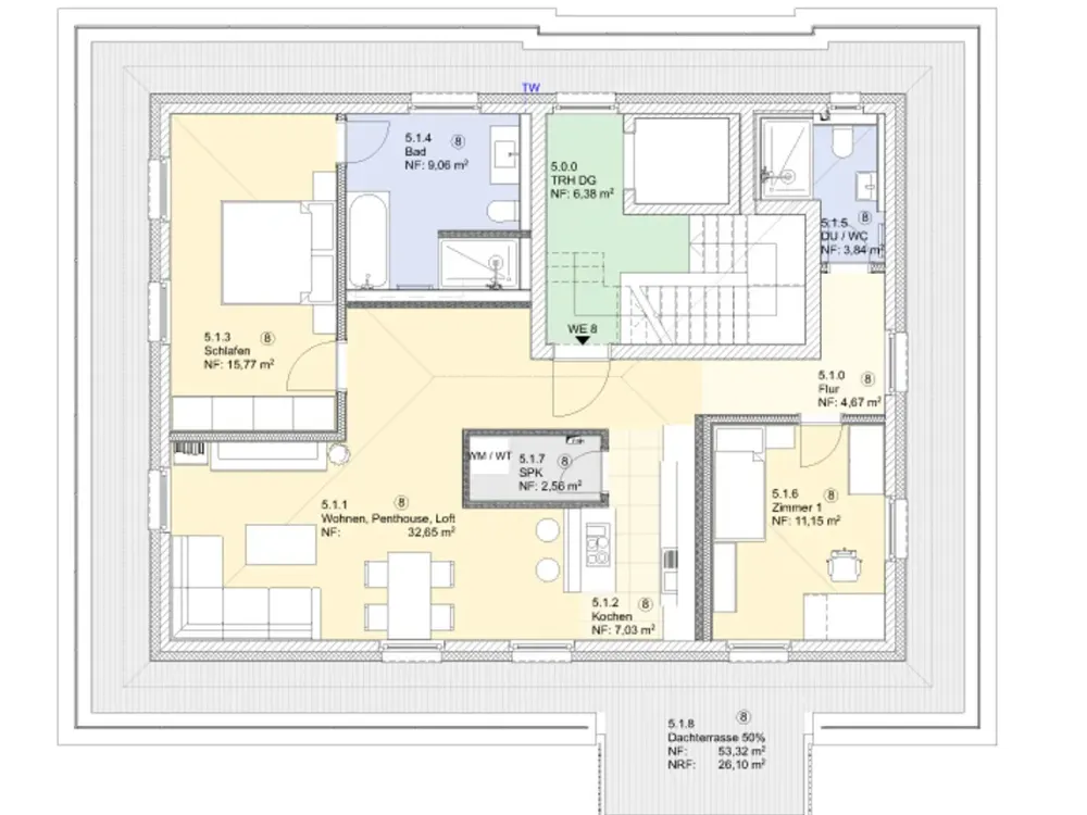 modern penthouse apartment with wrap-around roof terrace and fitted kitchen