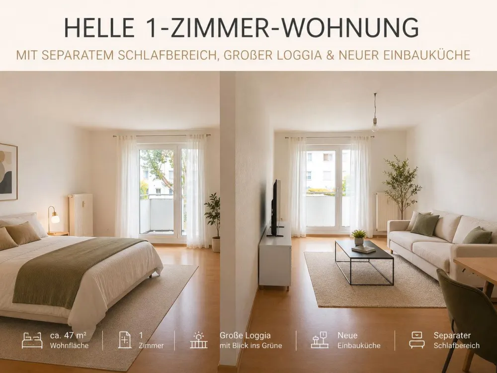 Helle 1-Zi.-Whg. mit separatem Schlafbereich, Südbalkon & EBK