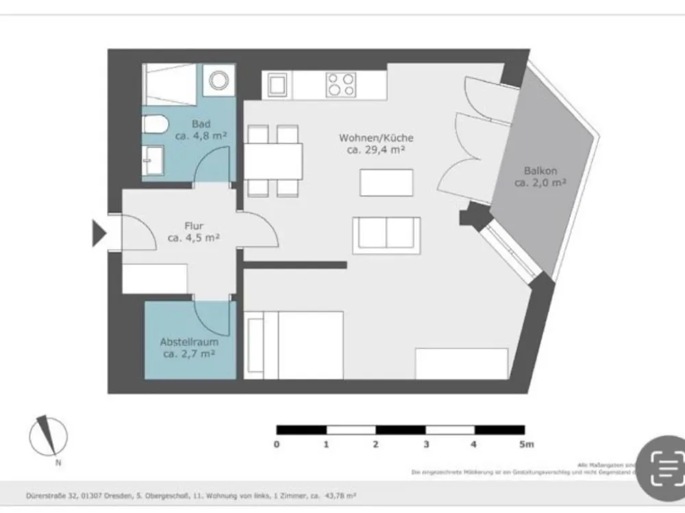 1-Raum Wohnung mit Balkon und EBK