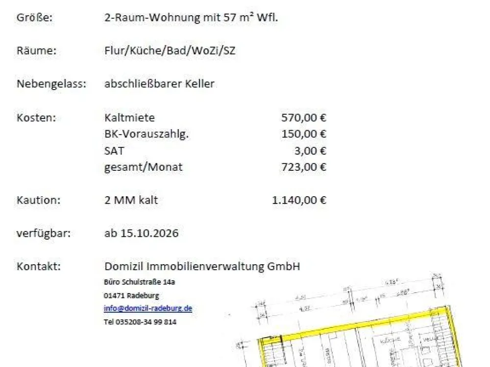 2 Raumwohnung in Radeburg (57m²), zentrumsnah