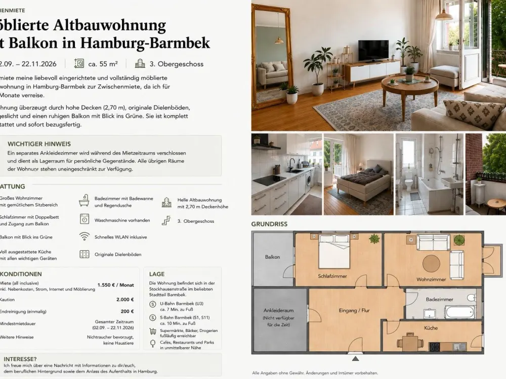 Möblierte Altbauwohnung mit Balkon zur Zwischenmiete