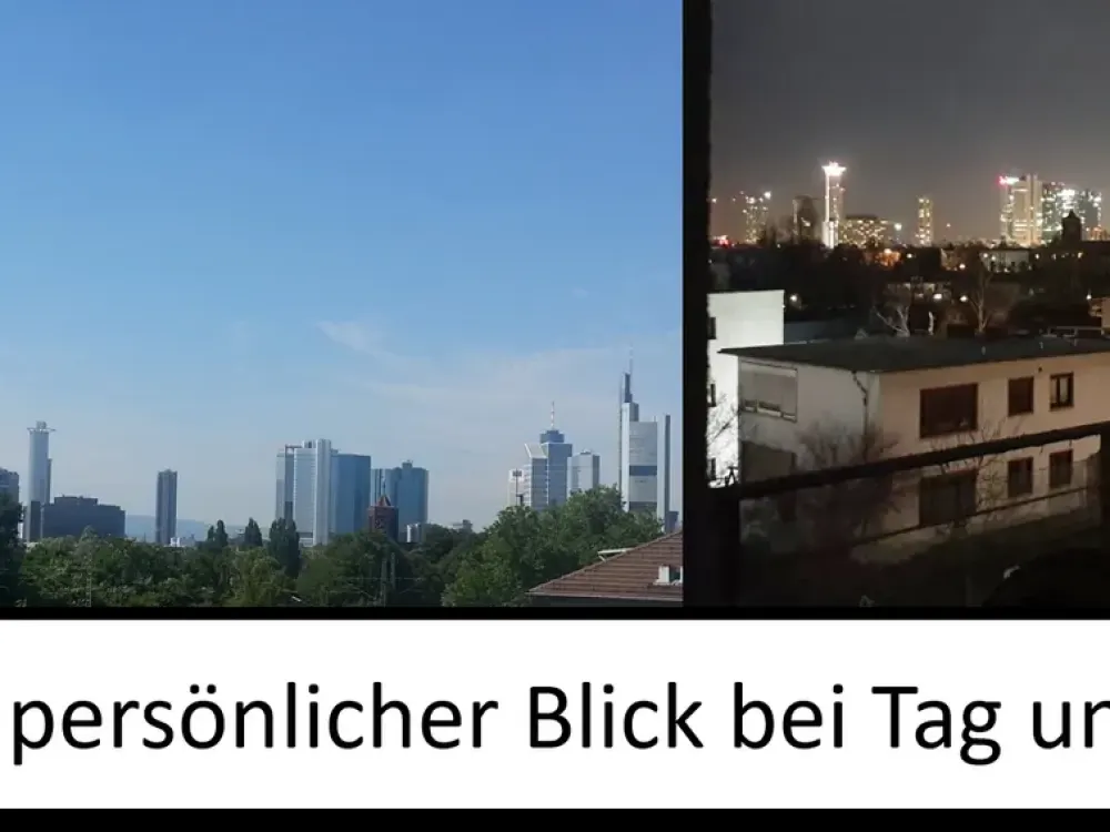 Balkon mit Frankfurter Skyline View für Sundowner & Kamin im Winter