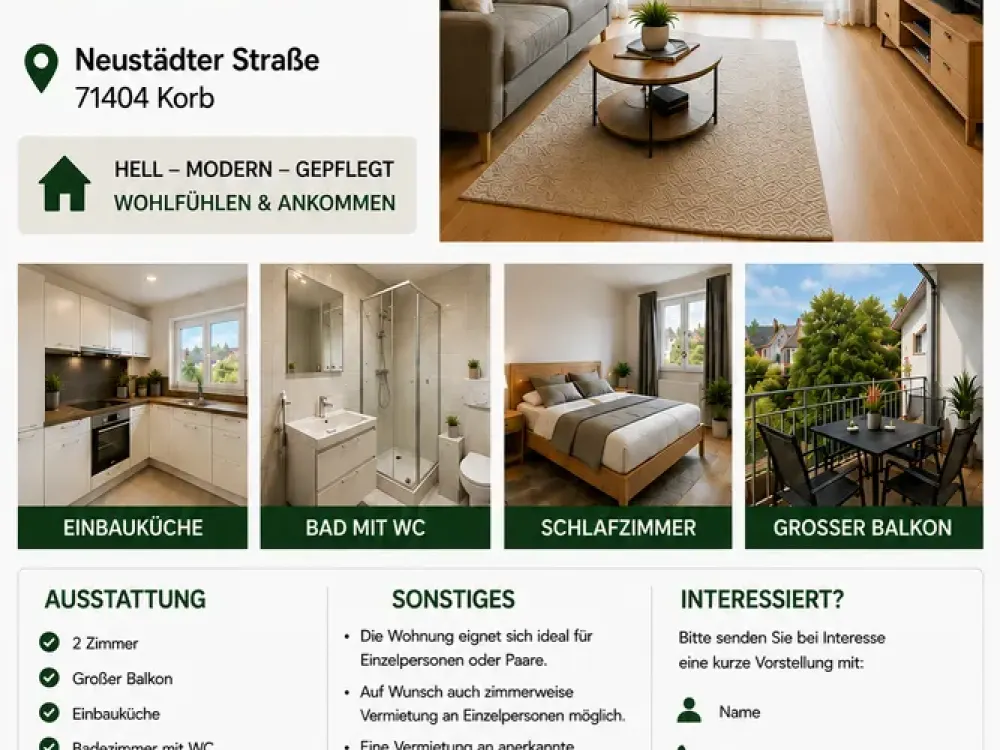 Exclusive, fully renovated 2-room apartment with upscale interior in Korb