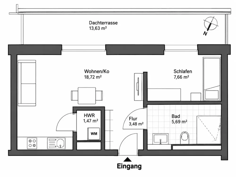 Großzügige und exklusive 2-Zimmerwohnung mit EBK und Dachterrrasse