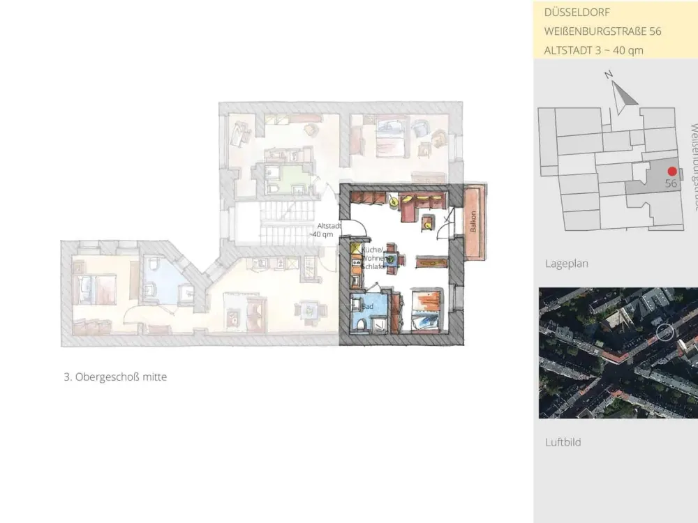 Charmantes 1,5-Zimmer Apartment in Düsseldorf-Derendorf, Weißenburgstraße, ideal für Singles, haustierfreundlich