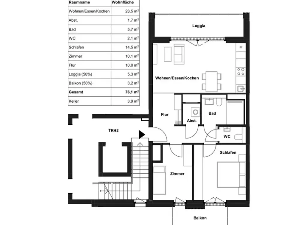 Well-laid-out 3-room apartment with fitted kitchen in the new development quarter
