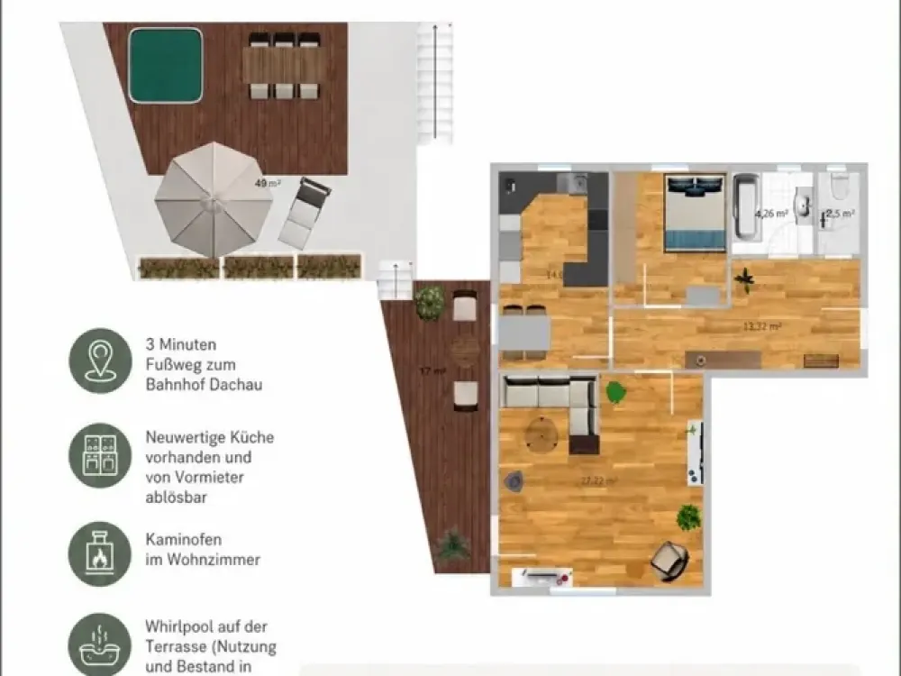 Schöne 2-Zimmer-Terrassenwohnung in Dachau mit Whirlpool