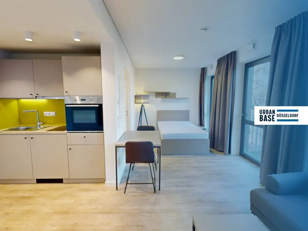 URBAN BASE: Vollmöbliertes 1-Zimmer-Large-Apartment mit EBK, BALKON, ALL-IN-MIETE, UVM. am Rheinufer