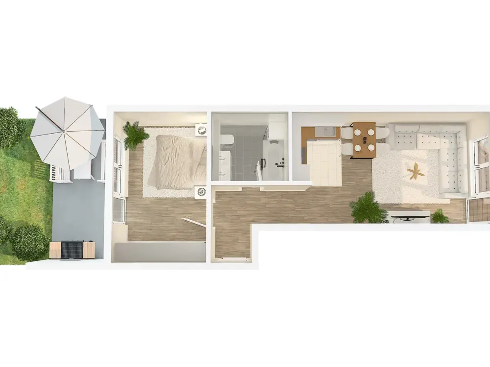 Modern renovated 2-room apartment 1st floor fitted kitchen two balconies bathroom with tub elevator underground parking space barrier-free central