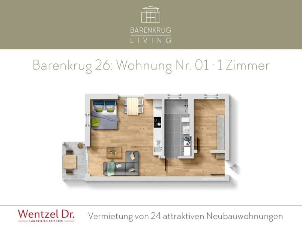 Erstbezug: stilvolle 1-Zimmer-Wohnung mit Terrasse, Hamburg Farmsen-Berne, Wentzel Dr.