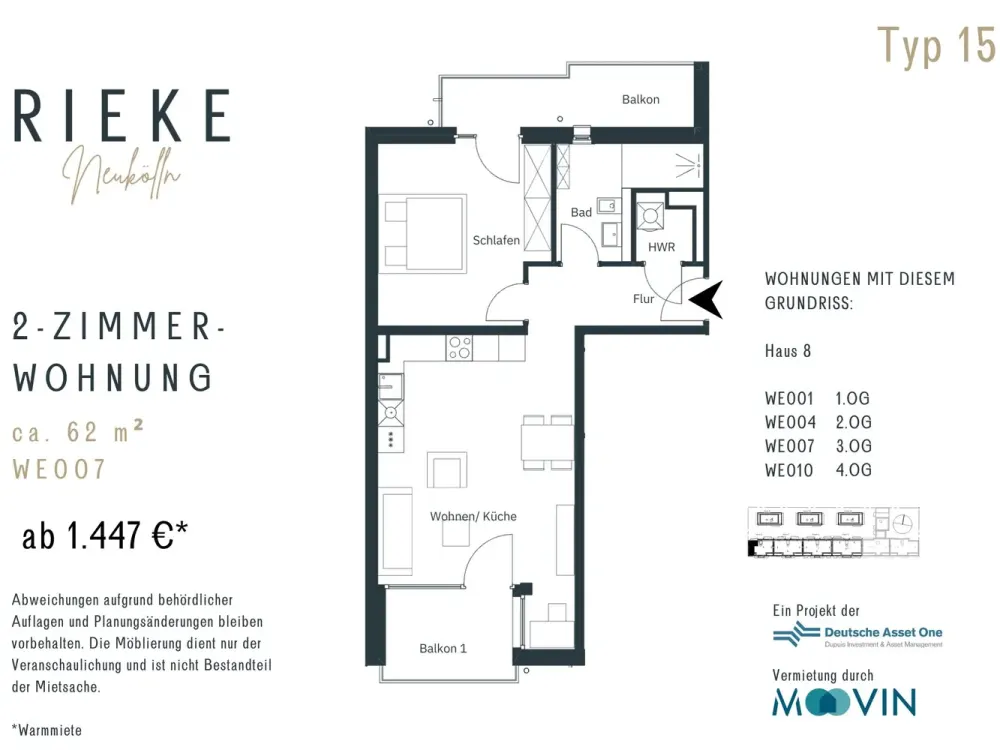 Moderne 2-Zimmer-Wohnung mit EBK und 2 BALKONEN im Projekt "RIEKE"