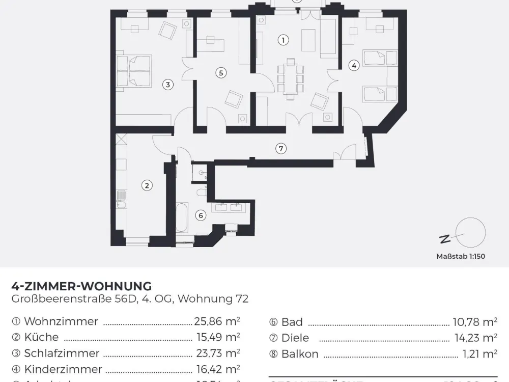 Befristet für 1,5 Jahre: Hochwertig sanierte 4-Zimmerwohnung mit Balkon im Riehmers Hofgarten