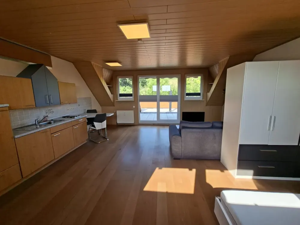 Quiet 1-Room Apartment with Large Balcony and Green View, Fitted Kitchen