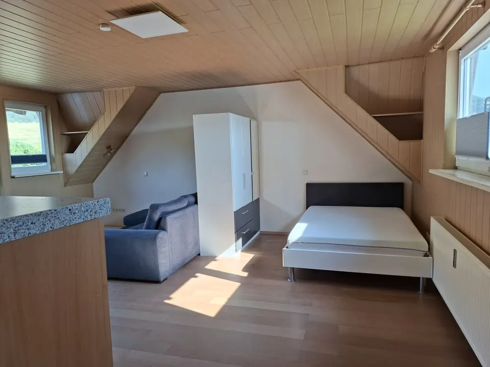 Quiet 1-Room Apartment with Large Balcony and Green View, Fitted Kitchen