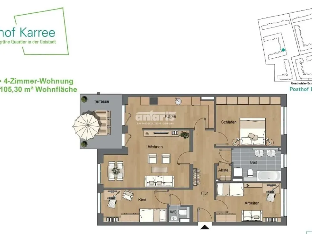 شركة antaris Immobilien GmbH تجربة جودة سكن جديدة, شقة 4 غرف مع شرفة وحمام بانيو