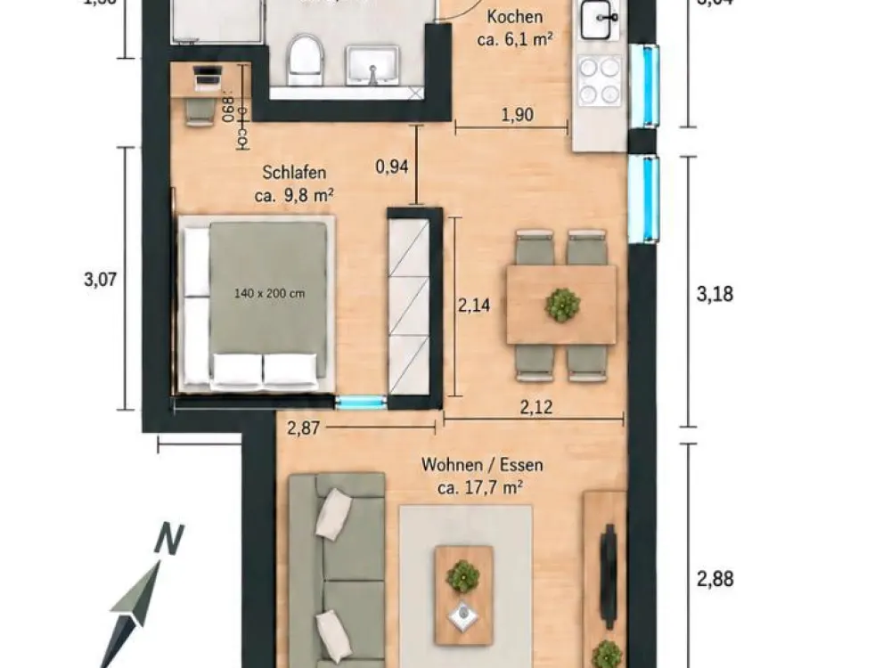 Neubau 1 Z. Wohnung, ca.52m2, Souterrain, mit Einbauküche