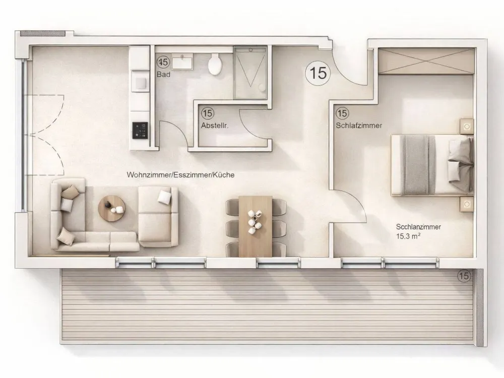 28 m² Balkon zu 56 m² Wohnung: Erstbezug im 2. OG, Einbauküche inklusive